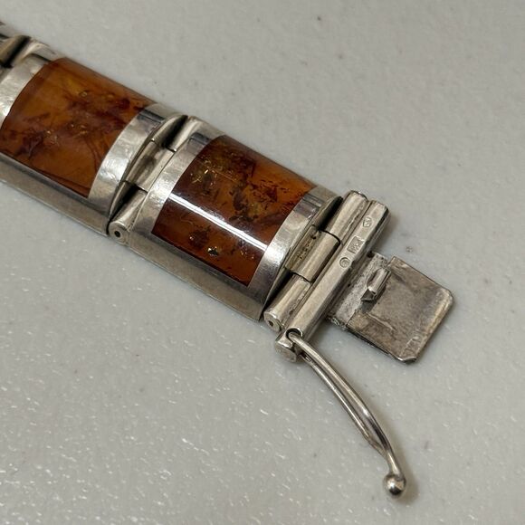 Vintage Heavy Baltic Amber Signed Size 7.5 Inches Sterling Box Bracelet - Picture 7 of 7